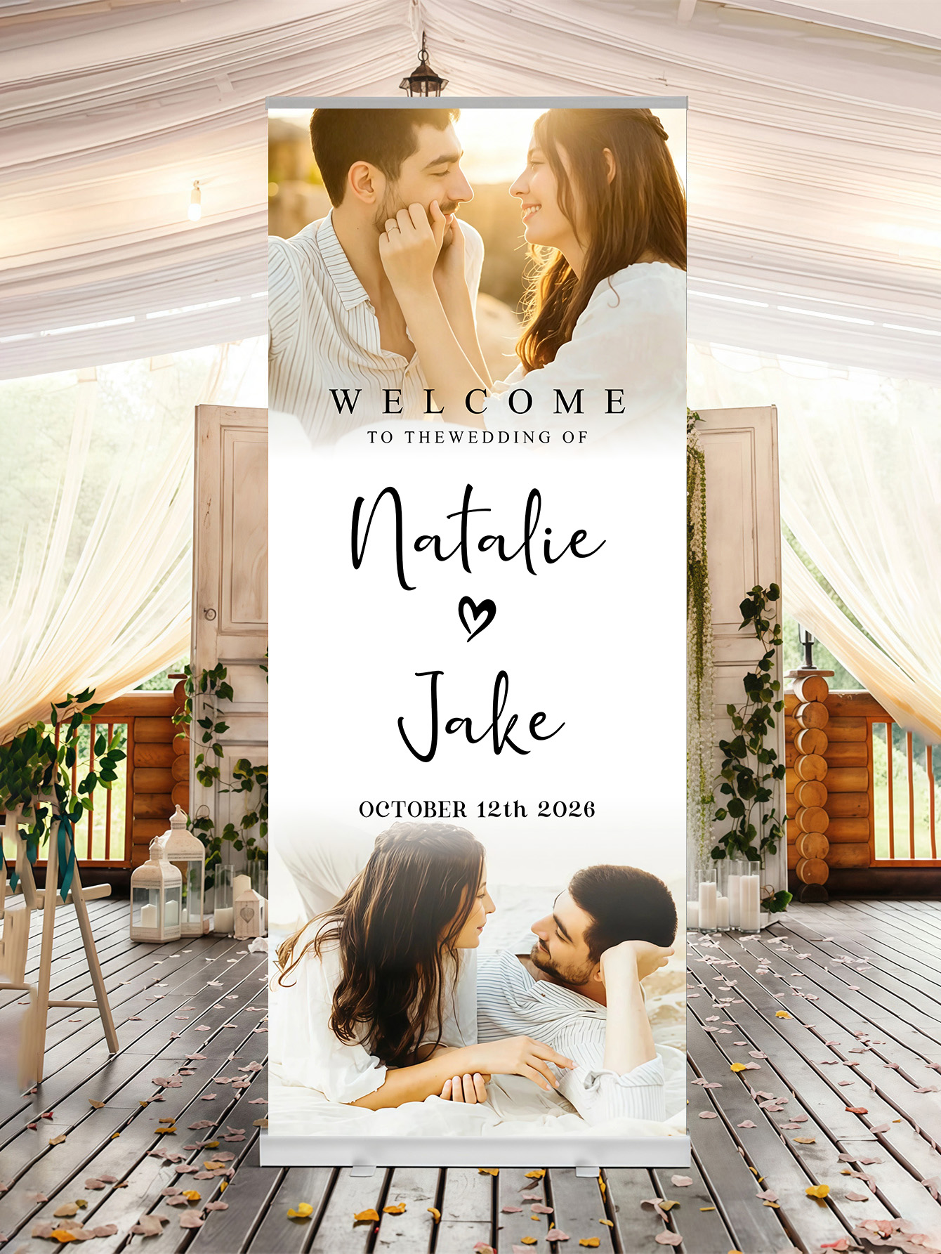Customized wedding retractable banners - personalized photo wedding welcome signs, reception decorations and background curtains